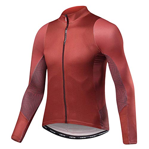 Santic Maillot Bicicleta Hombre Maillot Ciclismo con Mangas Largas con Bolsillos como Camiseta Interior en Invierno Rojo de Ladrillo EU S