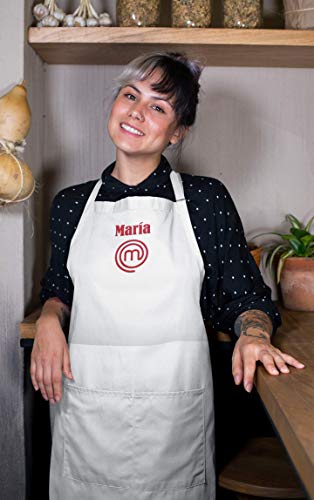 SAQUITOMAGICO Delantal Oficial Masterchef Personalizado con tu Nombre Bordado.Producto con Licencia Oficial (blanco personalizado)