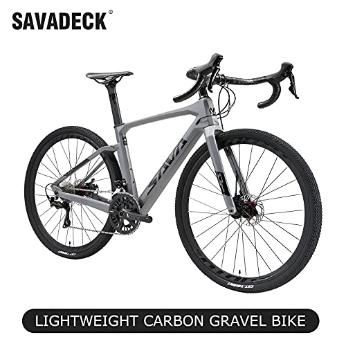 SAVADEC R11 Bicicleta Carbono Gravel de Carretera, 700CX40C Shimano Sora R3000 Velocidad, Freno de Disco hidráulico Bicicleta (Negro-Gris, 47cm)