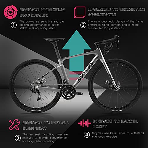 SAVADECK Bicicleta Carretera Carbona Gravel, 700CX40C Trail de Carbono Grava con Shimano 105 R7000 22 Velocidad, Freno de Disco hidráulico Bicicleta para Hombres Mujeres (Negro-Gris, 56cm)