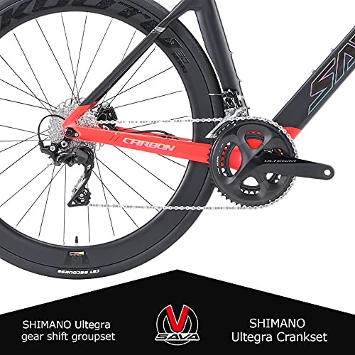 SAVADECK Bicicleta de Carreras de Carbono con Disco, 700C Bicicleta de Carreras de Carbono Completo con Grupo Shimano Ultegra R8020/R8000 22S y Sistema de Freno de Disco hidráulico (Negro-Rojo, 51cm)