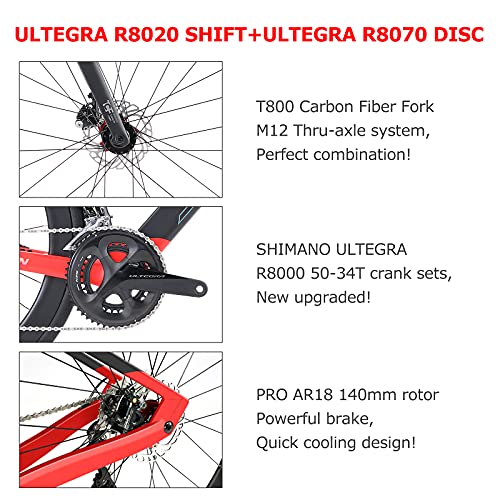 SAVADECK Bicicleta de Carreras de Carbono con Disco, 700C Bicicleta de Carreras de Carbono Completo con Grupo Shimano Ultegra R8020/R8000 22S y Sistema de Freno de Disco hidráulico (Negro-Rojo, 51cm)