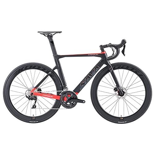 SAVADECK Bicicleta de Carreras de Carbono con Disco, 700C Bicicleta de Carreras de Carbono Completo con Grupo Shimano Ultegra R8020/R8000 22S y Sistema de Freno de Disco hidráulico (Negro-Rojo, 51cm)