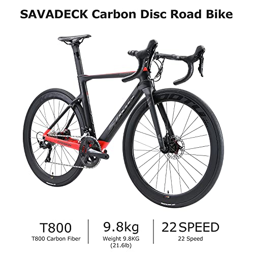 SAVADECK Bicicleta de Carreras de Carbono con Disco, 700C Bicicleta de Carreras de Carbono Completo con Grupo Shimano Ultegra R8020/R8000 22S y Sistema de Freno de Disco hidráulico (Negro-Rojo, 54cm)