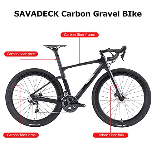 SAVADECK Carbon Gravel Road Bike, 700cX40c Carbon Trail Gravelcon Shimano R8070 y ULTEGAR R8000 Freno de Disco hidráulico de 22 velocidades y Bicicleta de Equilibrio de Fibra de Carbono (Gris, 54cm)