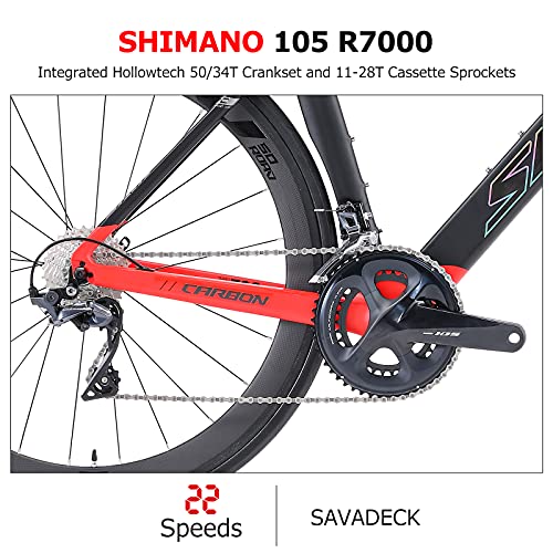 SAVADECK HERD6.0 700C Bicicleta de Carretera de Fibra de Carbono con Shimano 105 R7000 22S Sistema de transmisión Michelin Neumático Fizi:k Sillín (Black-Red, 54cm)