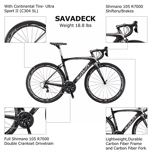 SAVADECK HERD6.0 700C Bicicleta de Carretera de Fibra de Carbono Shimano 105 R7000 22S Sistema de transmisión Michelin Neumático Fizi:k Sillín (Negro Rojo, 54)