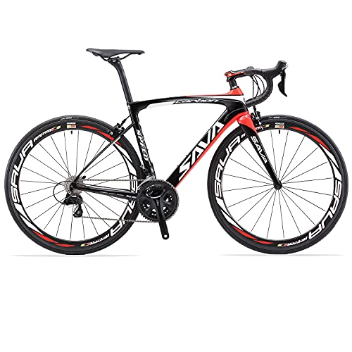 SAVADECK HERD6.0 700C Bicicleta de Carretera de Fibra de Carbono Shimano 105 R7000 22S Sistema de transmisión Michelin Neumático Fizi:k Sillín (Negro Rojo, 54)