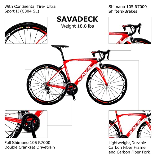 SAVADECK HERD6.0 700C Bicicleta de Carretera de Fibra de Carbono Shimano 105 R7000 22S Sistema de transmisión Michelin Neumático Fizi:k Sillín (Rojo Blanco, 54)