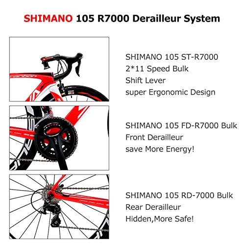 SAVADECK HERD6.0 700C Bicicleta de Carretera de Fibra de Carbono Shimano 105 R7000 22S Sistema de transmisión Michelin Neumático Fizi:k Sillín (Rojo Blanco, 54)