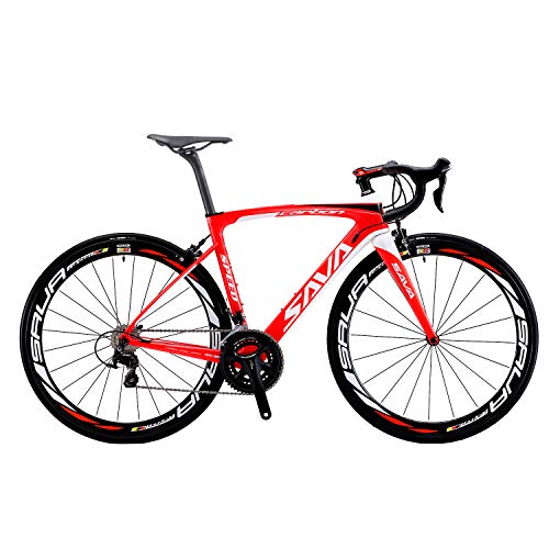 SAVADECK HERD6.0 700C Bicicleta de Carretera de Fibra de Carbono Shimano 105 R7000 22S Sistema de transmisión Michelin Neumático Fizi:k Sillín (Rojo Blanco, 54)