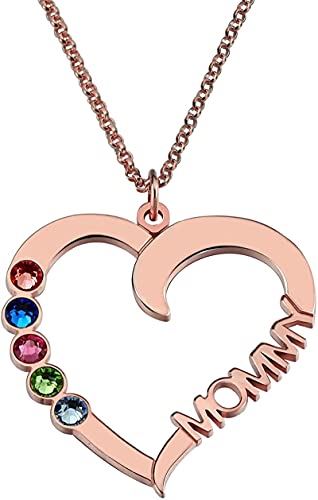 Scott NaismithCollar personalizado de corazón con nombre de madres, 5 piedras natales simuladas, collar de madre e hijo para esposa y madre (plata de ley 925) 14.0 oro rosa