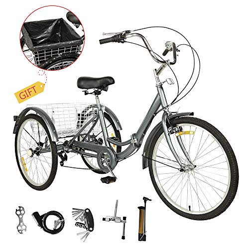 Sehrgo ZEHNHASE Triciclo para Adultos con cestas, 24 Pulgadas 7 Marchas, Bicicleta de Triciclo Plegable con Marco de aleación - Gris Plateado (24 Pulgadas)