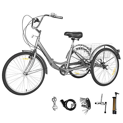 Sehrgo ZEHNHASE Triciclo para Adultos con cestas, 24 Pulgadas 7 Marchas, Bicicleta de Triciclo Plegable con Marco de aleación - Gris Plateado (24 Pulgadas)