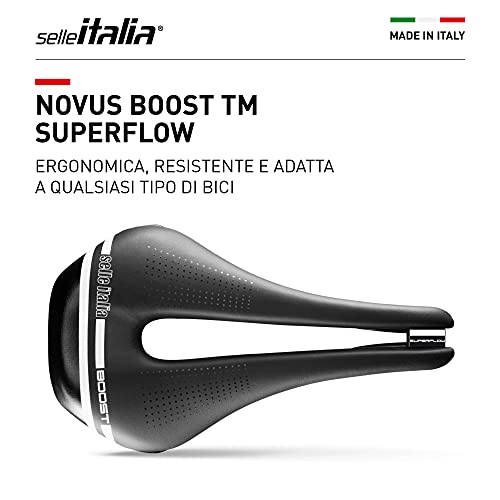 Selle Italia - Sillìn Bicicleta de Carretera Novus Boost TM Superflow, Rail Manganese Tubo Ø7, Sillìn Corto Road Perfomance Duro-tek, Comfort