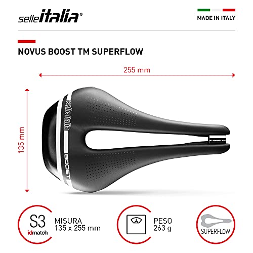 Selle Italia - Sillìn Bicicleta de Carretera Novus Boost TM Superflow, Rail Manganese Tubo Ø7, Sillìn Corto Road Perfomance Duro-tek, Comfort
