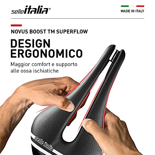 Selle Italia - Sillìn Bicicleta de Carretera Novus Boost TM Superflow, Rail Manganese Tubo Ø7, Sillìn Corto Road Perfomance Duro-tek, Comfort