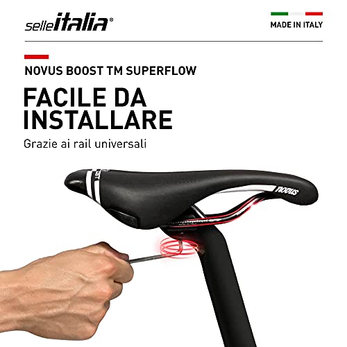 Selle Italia - Sillìn Bicicleta de Carretera Novus Boost TM Superflow, Rail Manganese Tubo Ø7, Sillìn Corto Road Perfomance Duro-tek, Comfort