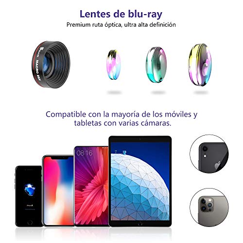 Selvim Lentes para Teléfono Móvil, 9 en 1 Kit con 22X Teleobjetivo, 235° Fisheye, 0.62X Gran Angular, 25X Macro, Versión Actualizada con Lentes BLU-Ray para Mejor Resolución, Universal iOS Android