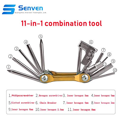 Senven 11 en 1 Multifunción Bicicleta Reparacion Herramientas, Multiusos Bici Herramientas, Mini Plegables Herramientas, Mantenimiento Herramientas Kit –– Oro