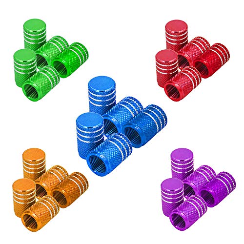 Senven 25 pcs Tapas de vástago de válvula de aluminio de color, Tapones antipolvo de válvula de neumático Coche, Camiones, Bicicleta para prevenir fugas de aire, Verde, rojo, azul, morado, dorado