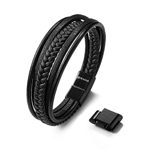 SERASAR 21cm Negro Pulsera de Cuero Hombre Chico Pulseras Hombres Brazalete Brazaletes Pulso Muñequera Muñequeras Bisuteria Bisutería Joyeria Nudos Cuerda Cuerdas Bracelet Men Jewellery Unisex Ancha