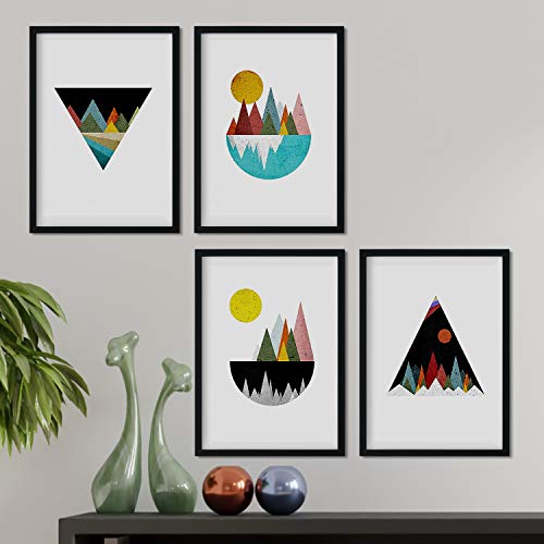 Set de 4 láminas para enmarcar, Cuatro posters con imágenes de Montañas geométricas. Láminas estilo nordico. Decoración de hogar. (A4)
