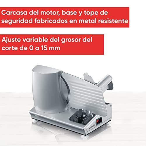 SEVERIN Cortafiambres, loncheador con dos cuchillas de acero inoxidable extraíbles, cortafiambres eléctrico con protector de dedos y recogedor de restos, 180 W, plateado, AS 3915