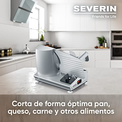 SEVERIN Cortafiambres, loncheador con dos cuchillas de acero inoxidable extraíbles, cortafiambres eléctrico con protector de dedos y recogedor de restos, 180 W, plateado, AS 3915