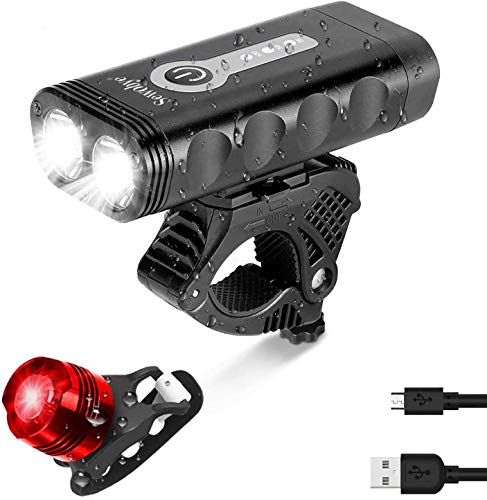 SEWOBYE Luz Bicicleta Led Alta Potencia 2400 Lúmenes, Luces Bicicleta Recargable USB Delantera con Pantalla Led, Luz Bici de Montaña 5 Modes y Luz LED Bicicleta Trasera