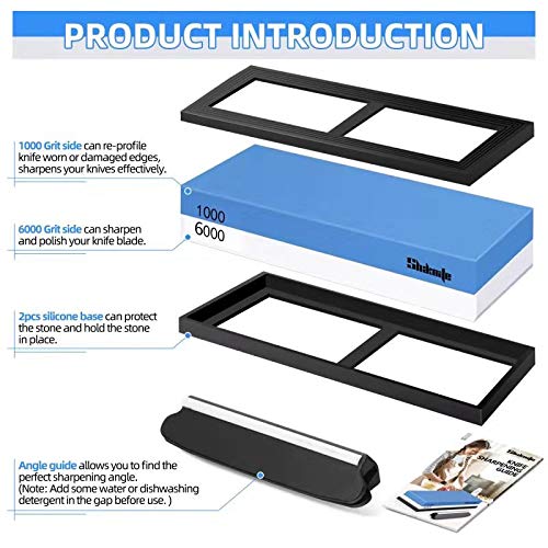 Shaknife Piedra de Afilar 1000 6000 Grano, 2 en 1 Profesional Afilador de Cuchillos, Piedra de Afilar Cuchillo de Piedra Afiladores Manuales con Gratis Base de Silicona Antideslizante y Guía de Ángulo