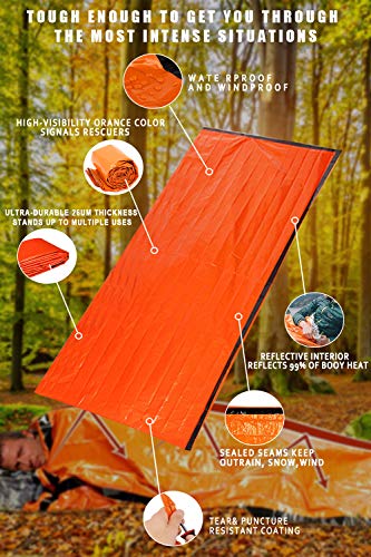 Shayson Saco de Emergencia Dormir,Aislamiento Térmico, Exterior Brillante Naranja Fácil de Localizar Portátil,para Acampar Supervivencia Al Aire Libre 2 Pack