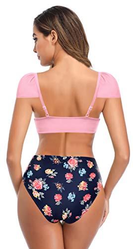 SHEKINI Mujer Traje de baño brasileño de Dos Piezas Traje de baño con Top de Tubo Traje de baño de Playa con Estampado de Cintura Alta Conjunto de Bikini de Playa (M, B-Rosado)