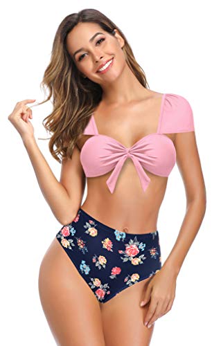 SHEKINI Mujer Traje de baño brasileño de Dos Piezas Traje de baño con Top de Tubo Traje de baño de Playa con Estampado de Cintura Alta Conjunto de Bikini de Playa (M, B-Rosado)