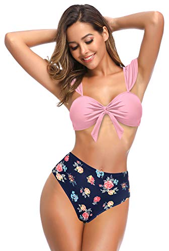 SHEKINI Mujer Traje de baño brasileño de Dos Piezas Traje de baño con Top de Tubo Traje de baño de Playa con Estampado de Cintura Alta Conjunto de Bikini de Playa (M, B-Rosado)