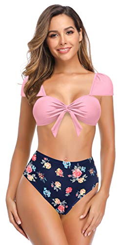 SHEKINI Mujer Traje de baño brasileño de Dos Piezas Traje de baño con Top de Tubo Traje de baño de Playa con Estampado de Cintura Alta Conjunto de Bikini de Playa (M, B-Rosado)