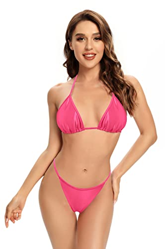 SHEKINI Mujer Trajes de Baño Dos Piezas Halter Ajustable Triángulo Bikini Top Bikini de Dos Piezas Cintura Baja Tanga Brasileño Parte Inferior del Bikini de La Playa(XL,Rosa Fluorescente)