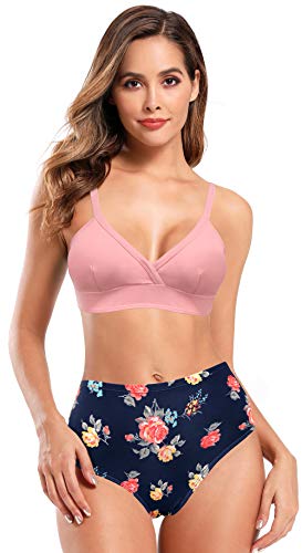 SHEKINI Traje de Baño de Dos Piezas Mujer Acolchada Clásico Cuello en V Ajustable Halter Bikini Top Elegante Impresión Bikini Set Triángulo Bikini Bottom Bikini de Playa(S,Rosa P)