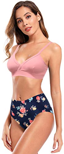 SHEKINI Traje de Baño de Dos Piezas Mujer Acolchada Clásico Cuello en V Ajustable Halter Bikini Top Elegante Impresión Bikini Set Triángulo Bikini Bottom Bikini de Playa(S,Rosa P)