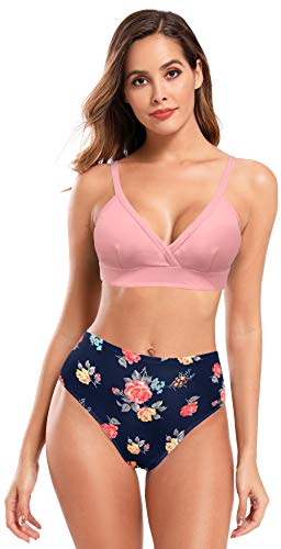 SHEKINI Traje de Baño de Dos Piezas Mujer Acolchada Clásico Cuello en V Ajustable Halter Bikini Top Elegante Impresión Bikini Set Triángulo Bikini Bottom Bikini de Playa(S,Rosa P)