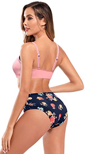 SHEKINI Traje de Baño de Dos Piezas Mujer Acolchada Clásico Cuello en V Ajustable Halter Bikini Top Elegante Impresión Bikini Set Triángulo Bikini Bottom Bikini de Playa(S,Rosa P)