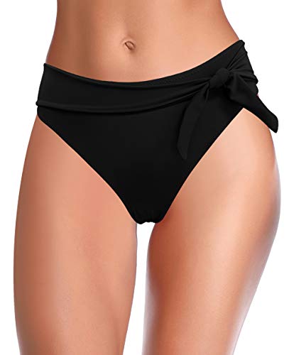 SHEKINI Traje de Baño para Mujer Abdominal Cintura Alta de Bikini Pantalones de natación Ruched Color Sólido Bañadores Retro Ropa de Playa Bikini Bragas (Negro D, M)