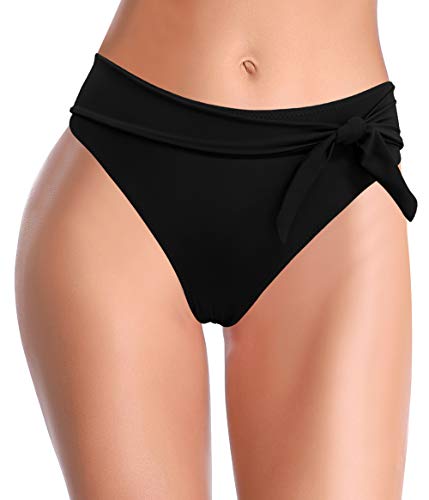 SHEKINI Traje de Baño para Mujer Abdominal Cintura Alta de Bikini Pantalones de natación Ruched Color Sólido Bañadores Retro Ropa de Playa Bikini Bragas (Negro D, M)