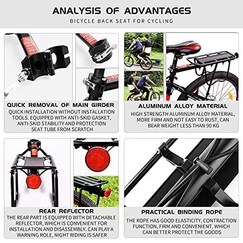 SHINESTONE BICYEWIN - Portaequipajes para asiento trasero trasero de bicicleta, soporte para alforjas bolsas, carga de 50 kg, aleación de aluminio ajustable con reflector para ciclismo (negro)