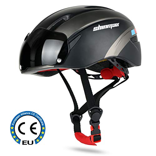 Shinmax Casco Bicicleta Certificato CE, Casco Bici Adulto con Occhiali Magnetici Staccabili Visiera Shield for Hombres Mujeres Casco da Bicicletta Mountain & Road Regolabile Protezione Ski & Snowboard