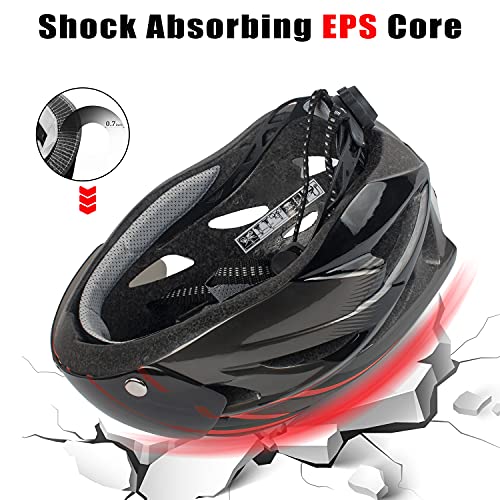 Shinmax Casco Bicicleta con luz, Certificación CE,con Visera Magnética Seguridad Ajustable Desmontable Deporte Gafas de Protección Ligera para Montar Ski & Snowboard Unisex Cascos Bici Adultos 56-62cm