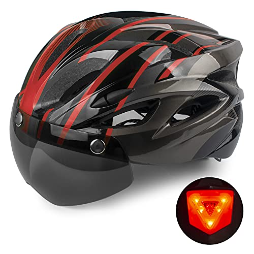 Shinmax Casco Bicicleta con luz, Certificación CE,con Visera Magnética Seguridad Ajustable Desmontable Deporte Gafas de Protección Ligera para Montar Ski & Snowboard Unisex Cascos Bici Adultos 56-62cm