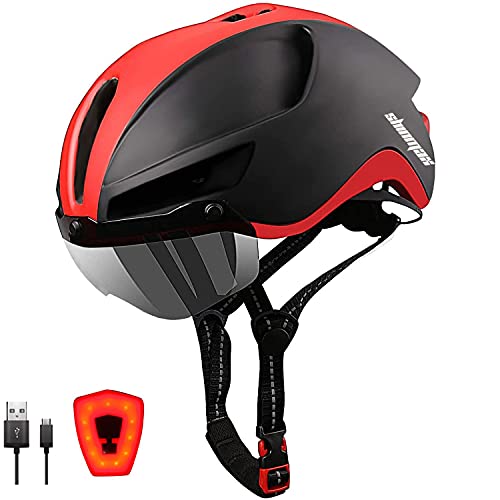 Shinmax Casco Bicicleta,Casco Bicicleta Adulto para con Magnética Visera,Casco MTB con Luz LED Recargable & Cuerda de Seguridad Reflectante,Cascos Bicicleta Montaña,Casco de Bicicleta 57-62CM (RC-088)