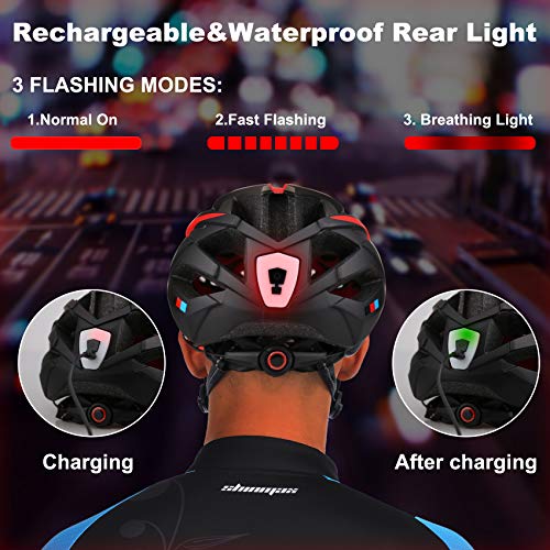 Shinmax Casco de Bicicleta con Luz LED USB Visera Desmontable Ajustable con Certificación CE Casco de Bicicleta BMX Scooter Montaña y Carretera Especializado para Adultos Casco Bicicleta con Mochila