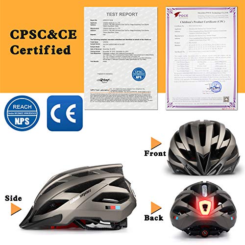 Shinmax Casco de Bicicleta con Luz LED USB Visera Desmontable Ajustable con Certificación CE Casco de Bicicleta BMX Scooter Montaña y Carretera Especializado para Adultos Casco Bicicleta con Mochila